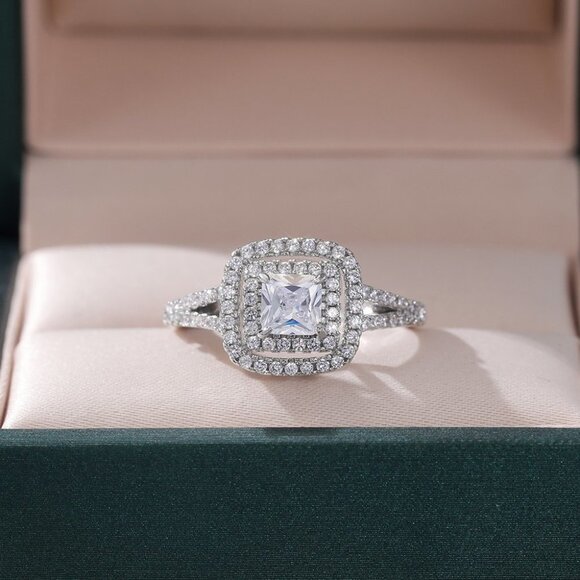 😍PRINCESS CUT 14K WHITE GOLD PURE CZ SQUARE BEAUTIFUL LUXURY WEDDING RING, K904 main image 6